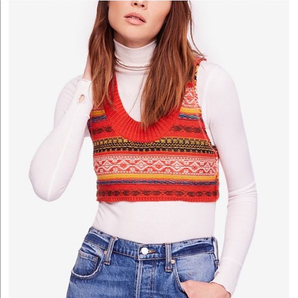 Free People Fair Isle Cropped Sweater Vest Boho Knit Summer Cotton XS